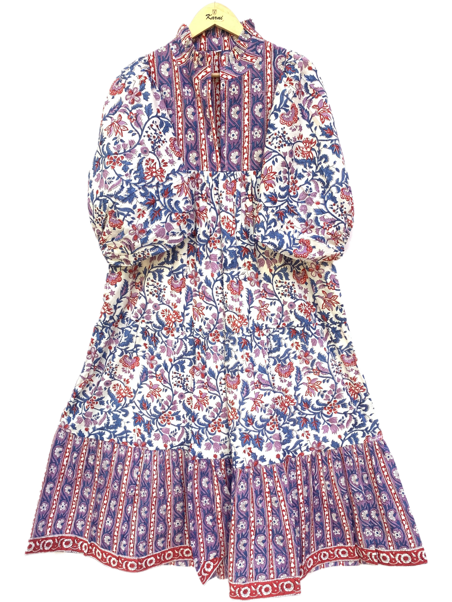 Purple Blue Floral Block Print Cotton Midi Dress – Boho Handmade Tiered Dress with Puff Sleeves & Contrast Border Yoke