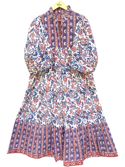Purple Blue Floral Block Print Cotton Midi Dress – Boho Handmade Tiered Dress with Puff Sleeves & Contrast Border Yoke