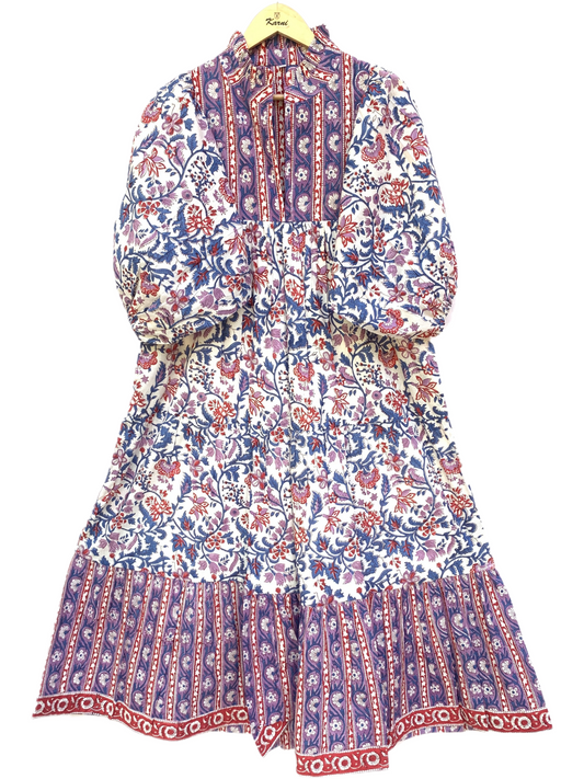 Purple Blue Floral Block Print Cotton Midi Dress – Boho Handmade Tiered Dress with Puff Sleeves & Contrast Border Yoke