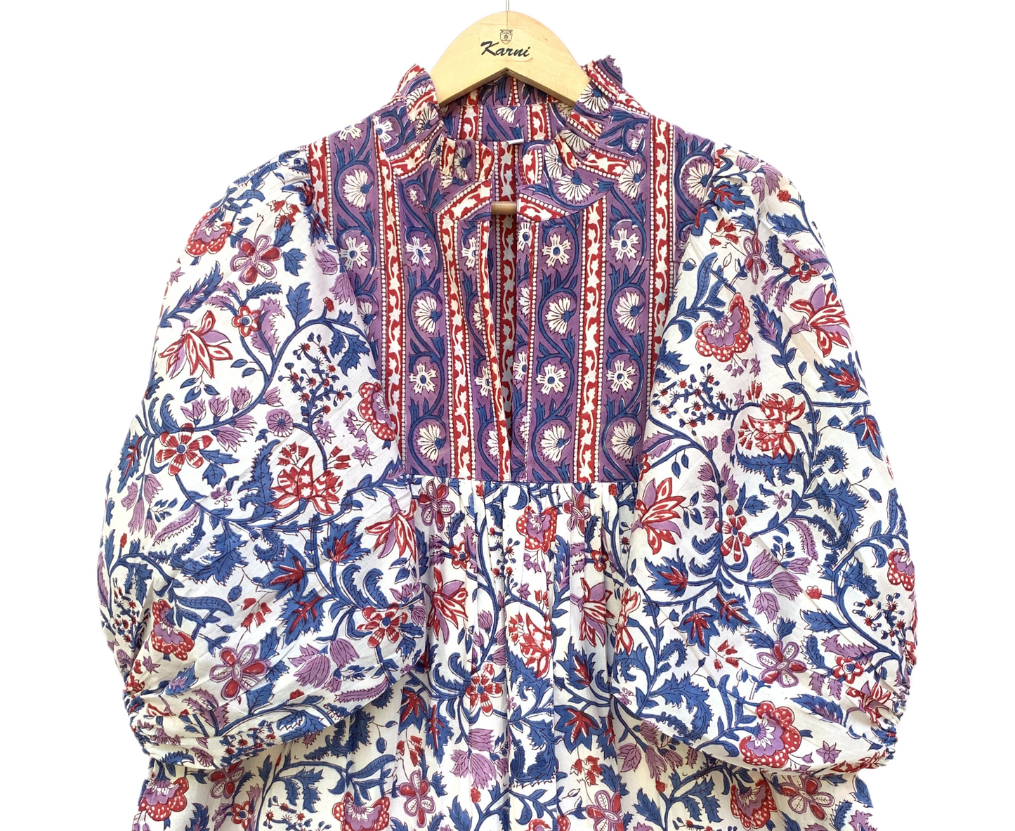 Purple Blue Floral Block Print Cotton Midi Dress – Boho Handmade Tiered Dress with Puff Sleeves & Contrast Border Yoke