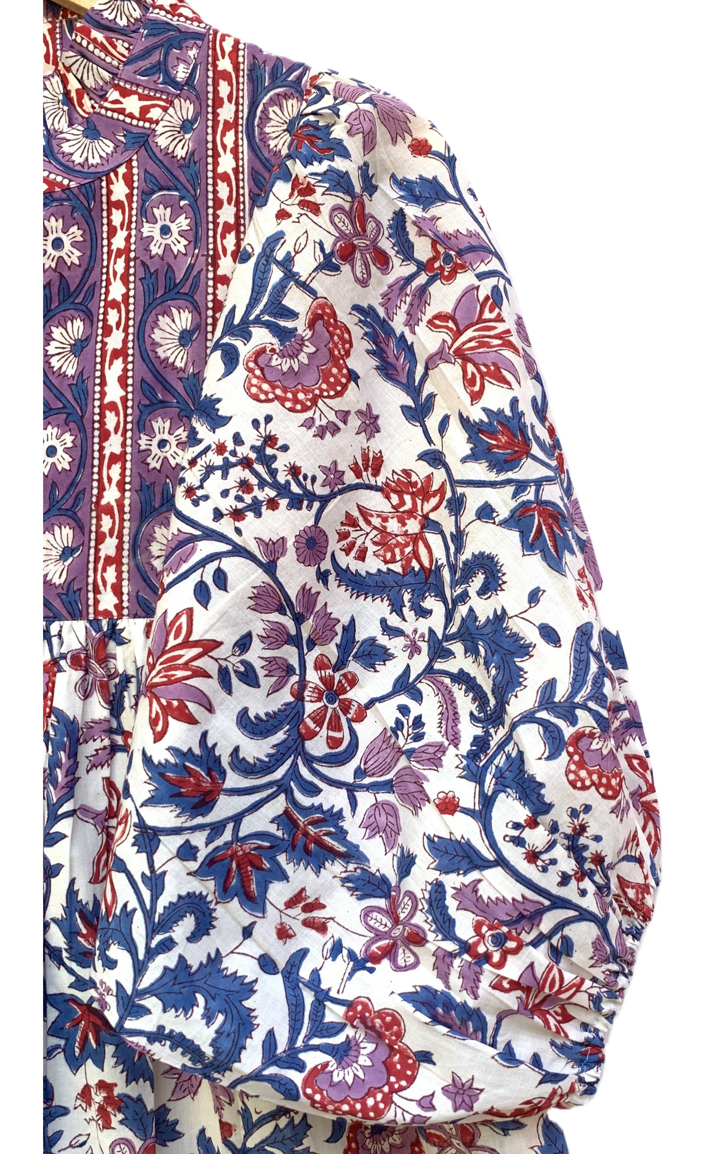 Purple Blue Floral Block Print Cotton Midi Dress – Boho Handmade Tiered Dress with Puff Sleeves & Contrast Border Yoke