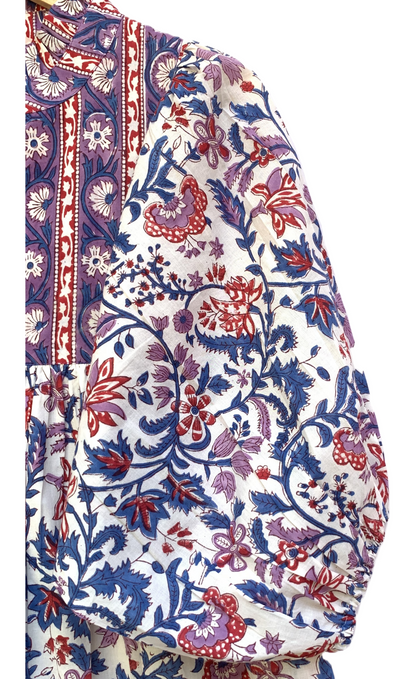 Purple Blue Floral Block Print Cotton Midi Dress – Boho Handmade Tiered Dress with Puff Sleeves & Contrast Border Yoke
