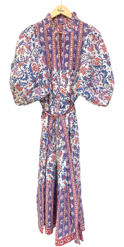 Purple Blue Floral Block Print Cotton Midi Dress – Boho Handmade Tiered Dress with Puff Sleeves & Contrast Border Yoke