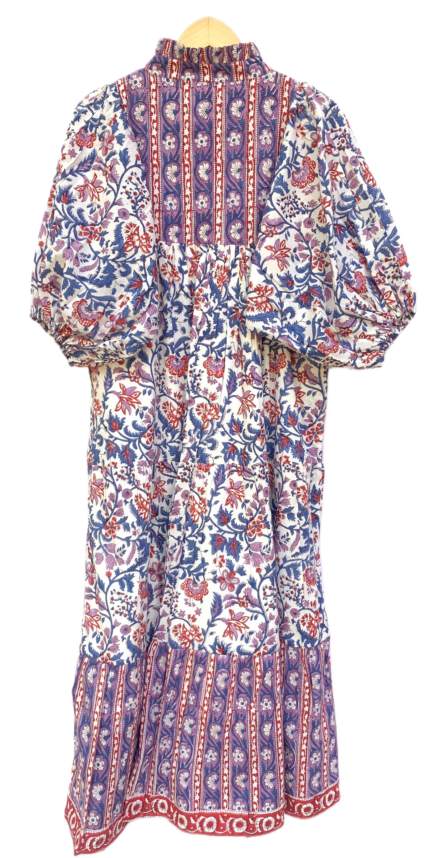 Purple Blue Floral Block Print Cotton Midi Dress – Boho Handmade Tiered Dress with Puff Sleeves & Contrast Border Yoke