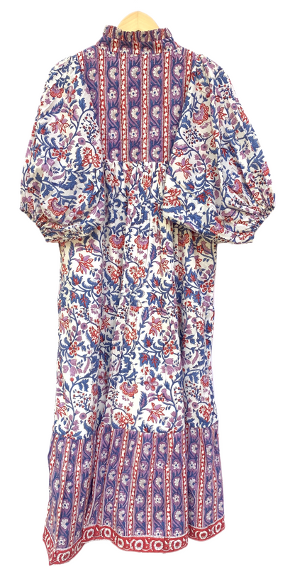 Purple Blue Floral Block Print Cotton Midi Dress – Boho Handmade Tiered Dress with Puff Sleeves & Contrast Border Yoke
