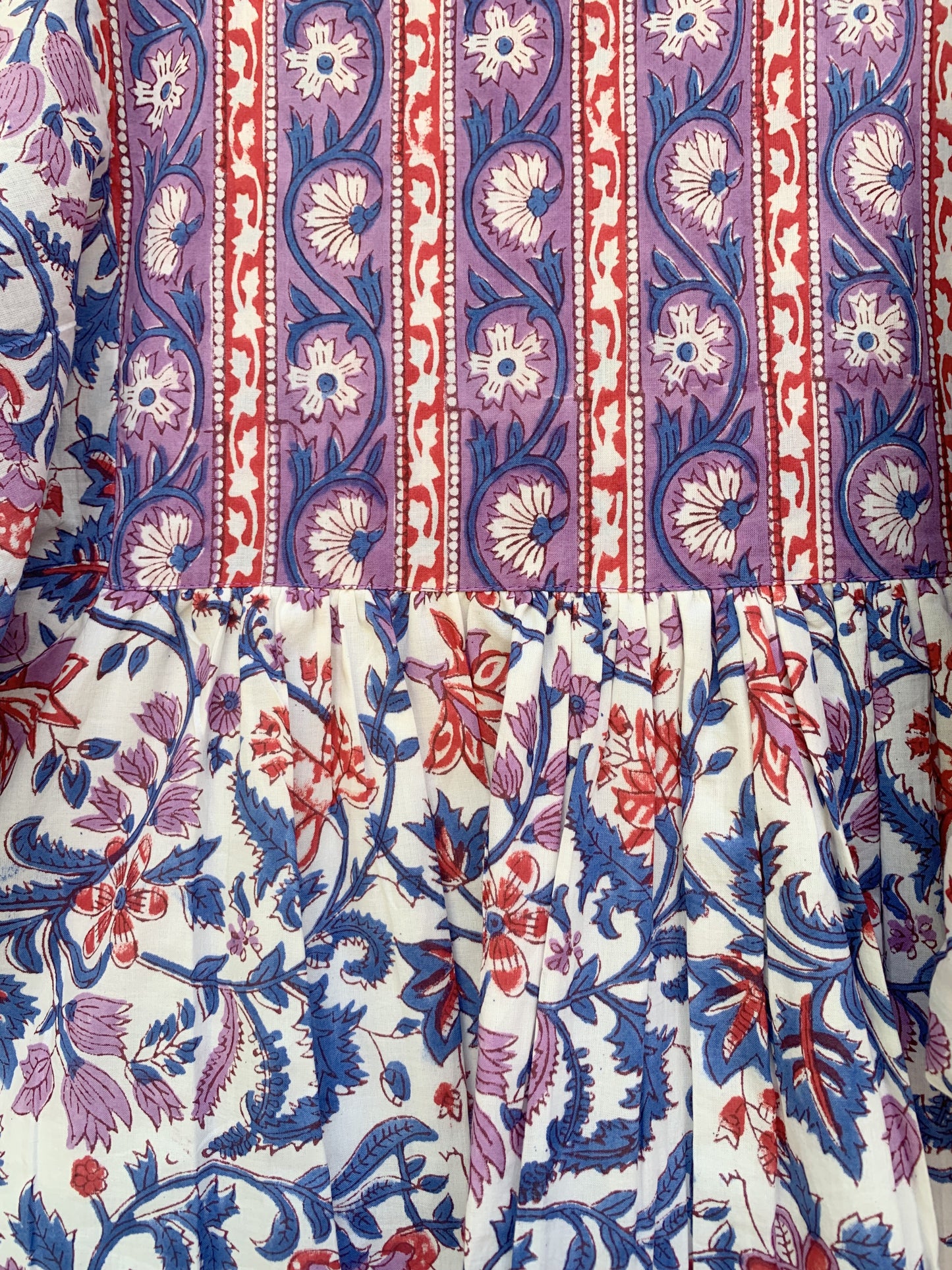 Purple Blue Floral Block Print Cotton Midi Dress – Boho Handmade Tiered Dress with Puff Sleeves & Contrast Border Yoke