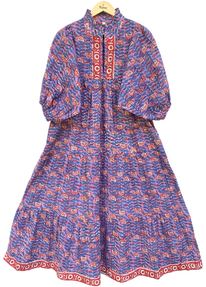Purple Red Floral Block Print Cotton Midi Dress – Boho Handmade Tiered Dress with Puff Sleeves & Contrast Yoke