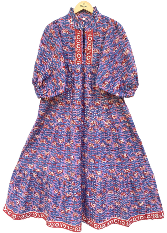Purple Red Floral Block Print Cotton Midi Dress – Boho Handmade Tiered Dress with Puff Sleeves & Contrast Yoke
