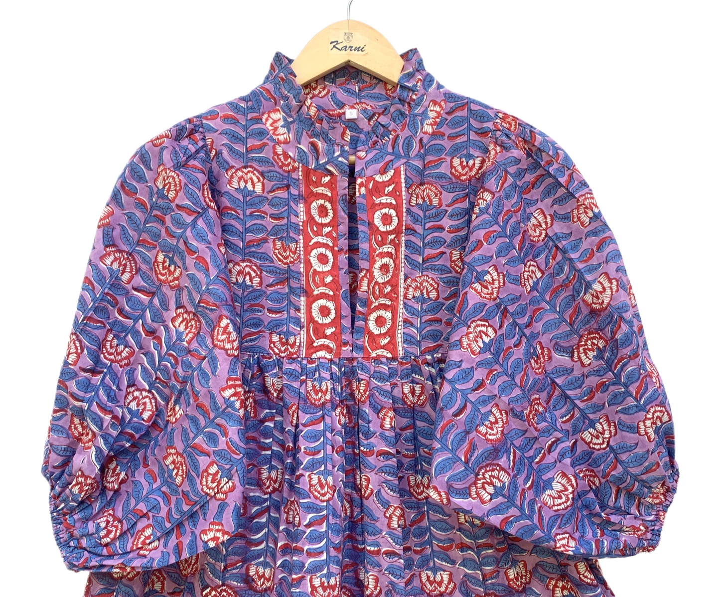 Purple Red Floral Block Print Cotton Midi Dress – Boho Handmade Tiered Dress with Puff Sleeves & Contrast Yoke