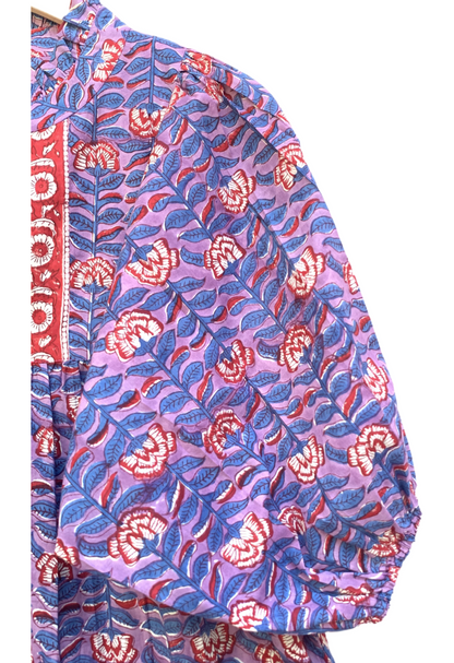 Purple Red Floral Block Print Cotton Midi Dress – Boho Handmade Tiered Dress with Puff Sleeves & Contrast Yoke