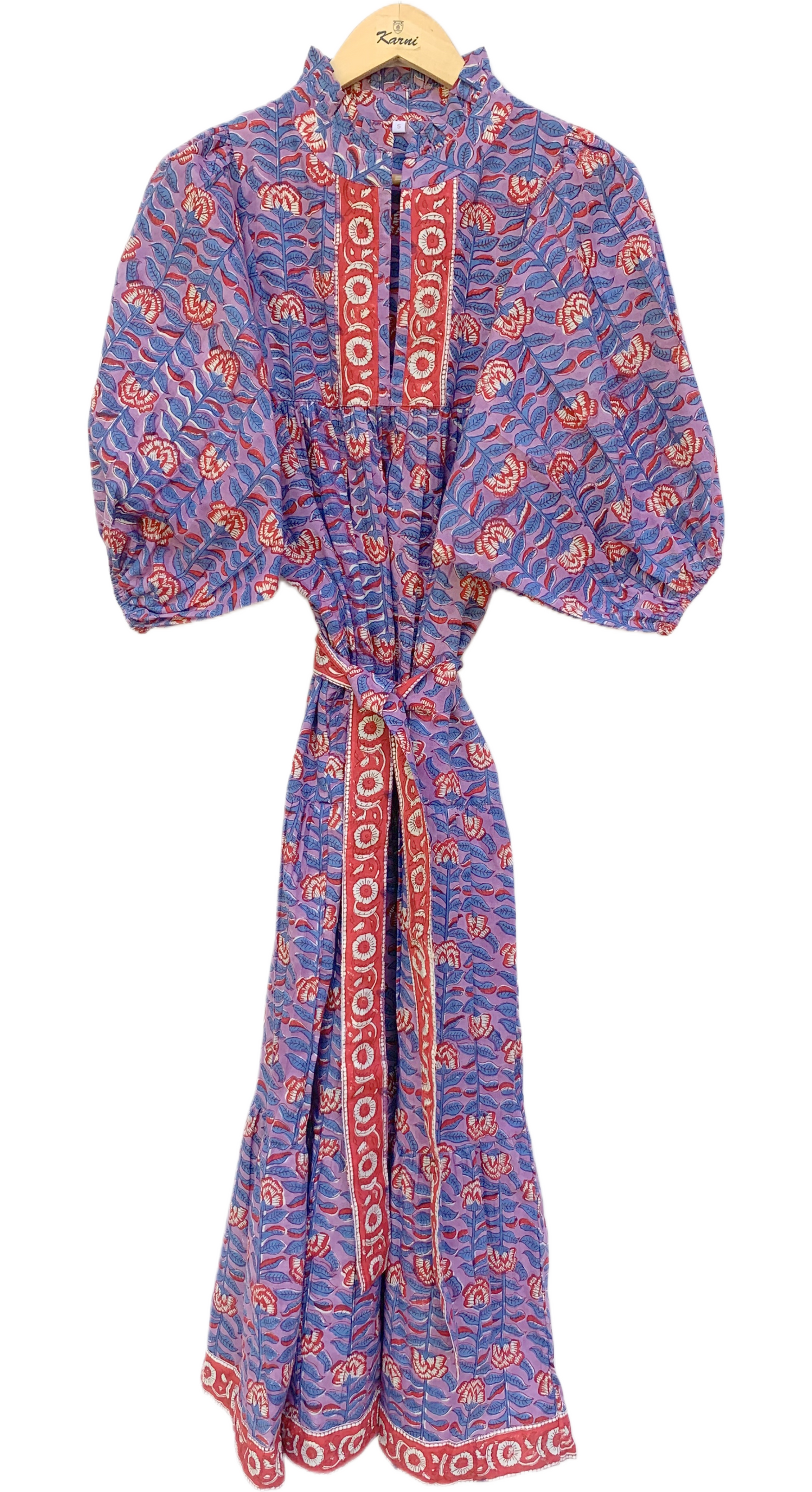 Purple Red Floral Block Print Cotton Midi Dress – Boho Handmade Tiered Dress with Puff Sleeves & Contrast Yoke