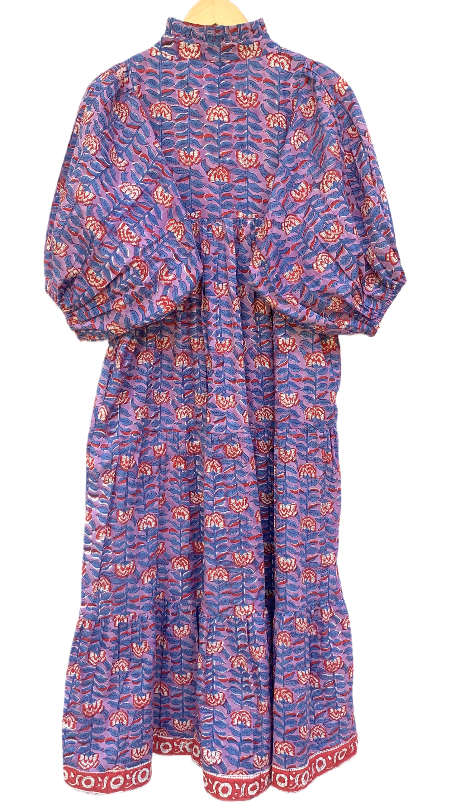 Purple Red Floral Block Print Cotton Midi Dress – Boho Handmade Tiered Dress with Puff Sleeves & Contrast Yoke