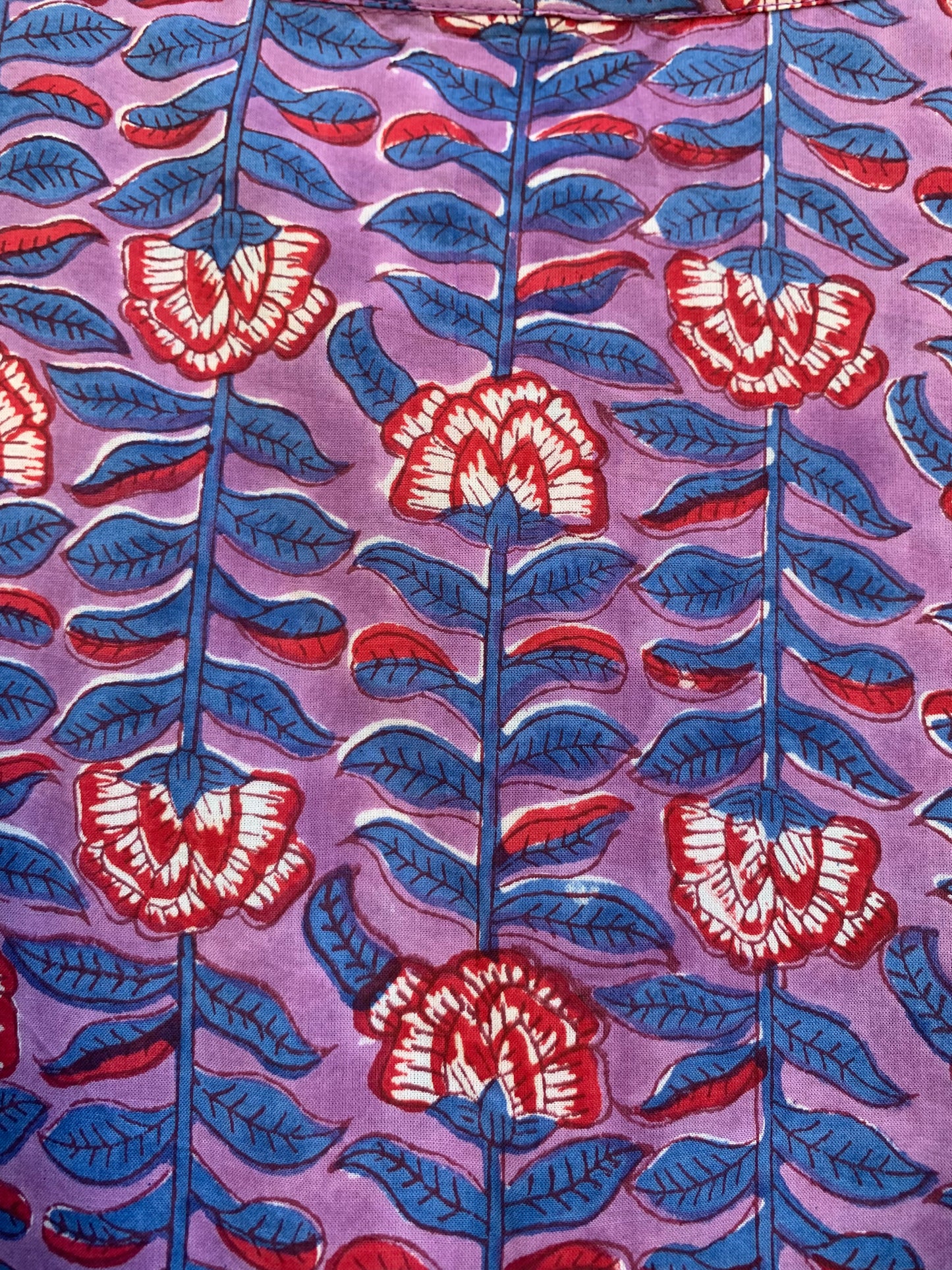 Purple Red Floral Block Print Cotton Midi Dress – Boho Handmade Tiered Dress with Puff Sleeves & Contrast Yoke