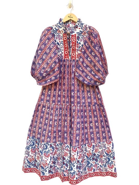Purple Red Block Print Cotton Midi Dress – Boho Handmade Tiered Dress with Puff Sleeves & Mixed Floral Prints