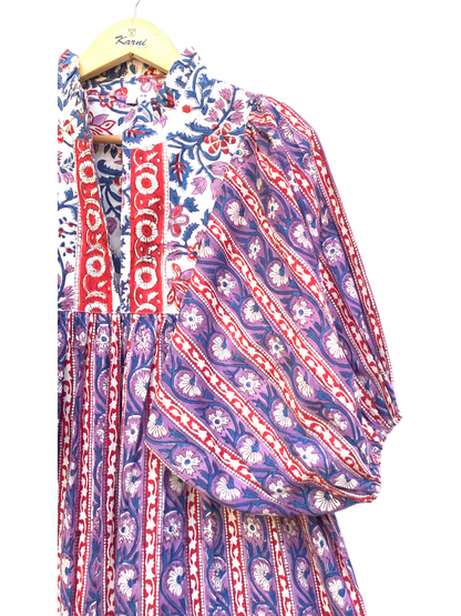 Purple Red Block Print Cotton Midi Dress – Boho Handmade Tiered Dress with Puff Sleeves & Mixed Floral Prints