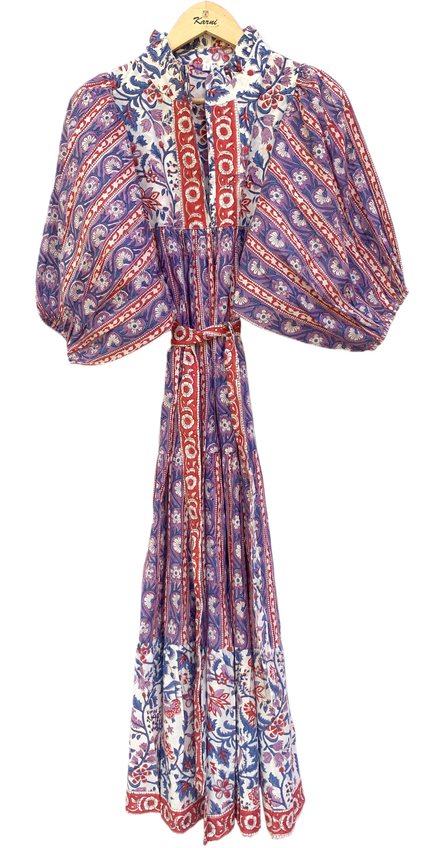 Purple Red Block Print Cotton Midi Dress – Boho Handmade Tiered Dress with Puff Sleeves & Mixed Floral Prints