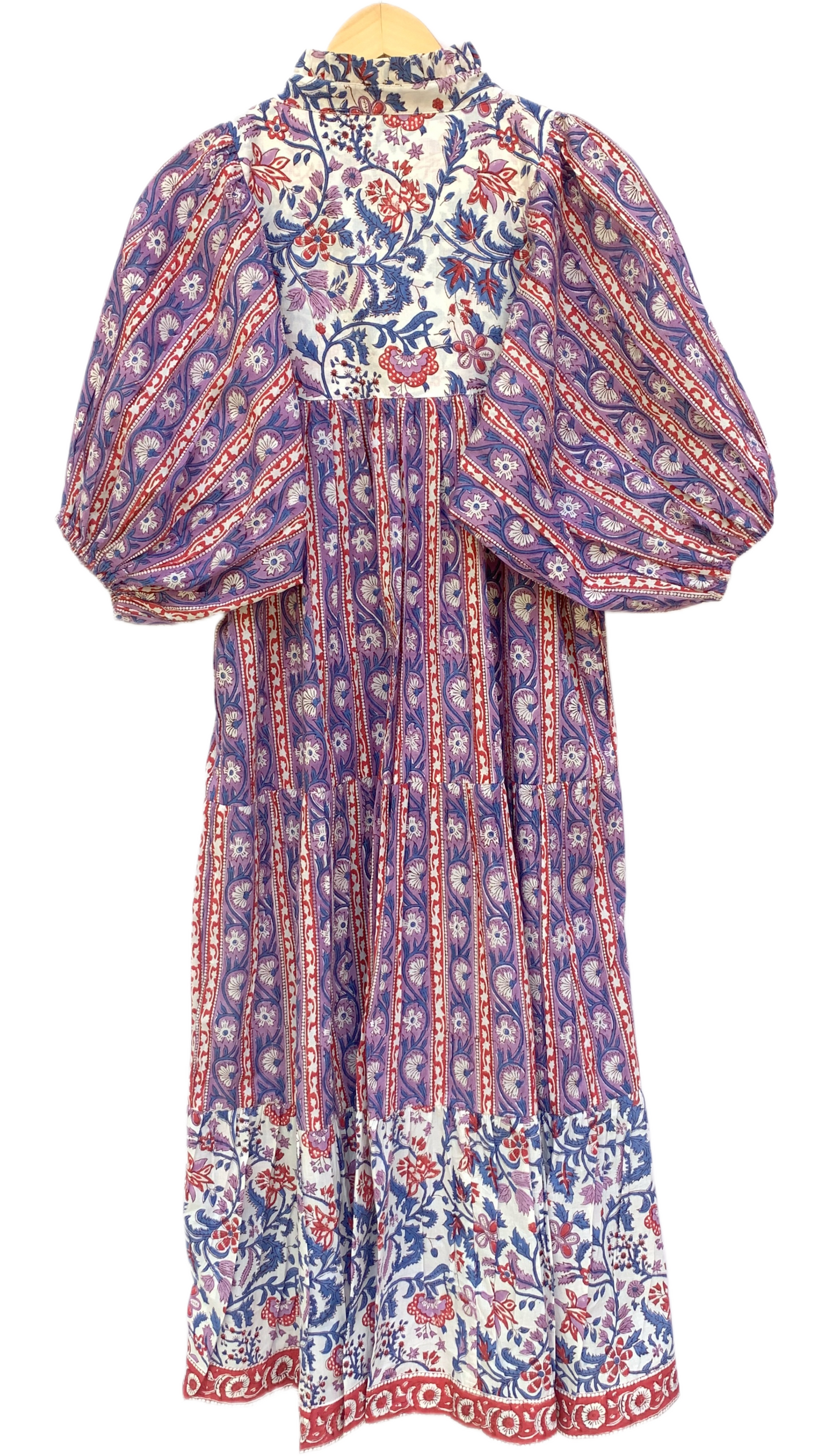 Purple Red Block Print Cotton Midi Dress – Boho Handmade Tiered Dress with Puff Sleeves & Mixed Floral Prints