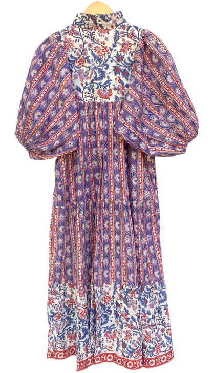 Purple Red Block Print Cotton Midi Dress – Boho Handmade Tiered Dress with Puff Sleeves & Mixed Floral Prints