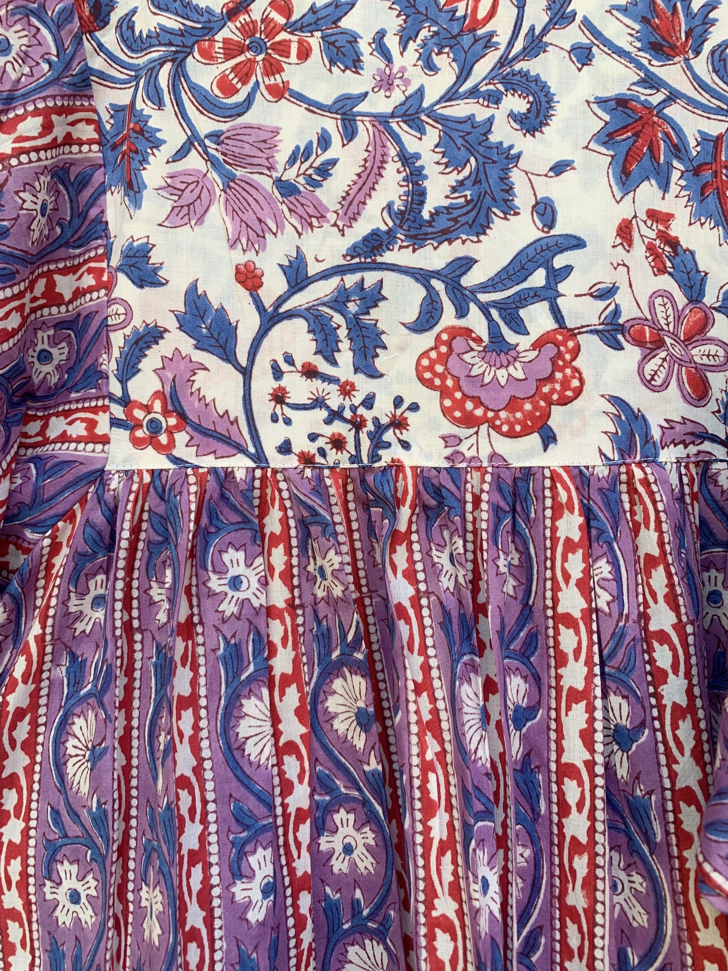 Purple Red Block Print Cotton Midi Dress – Boho Handmade Tiered Dress with Puff Sleeves & Mixed Floral Prints