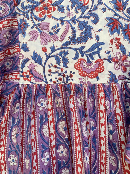 Purple Red Block Print Cotton Midi Dress – Boho Handmade Tiered Dress with Puff Sleeves & Mixed Floral Prints
