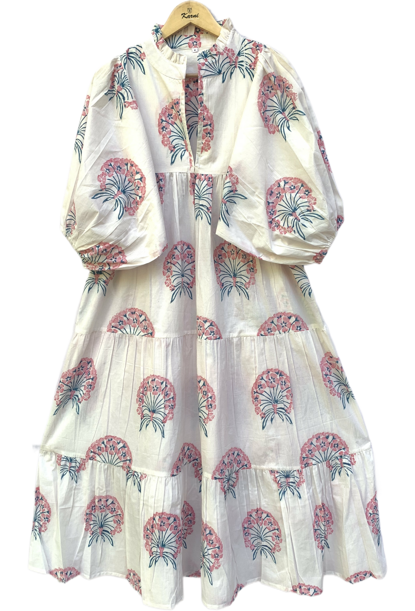 Ivory Pink Floral Block Print Cotton Midi Dress – Boho Handmade Tiered Dress with Puff Sleeves