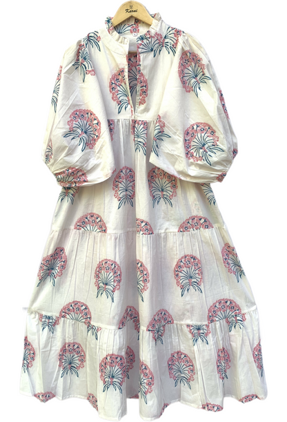 Ivory Pink Floral Block Print Cotton Midi Dress – Boho Handmade Tiered Dress with Puff Sleeves