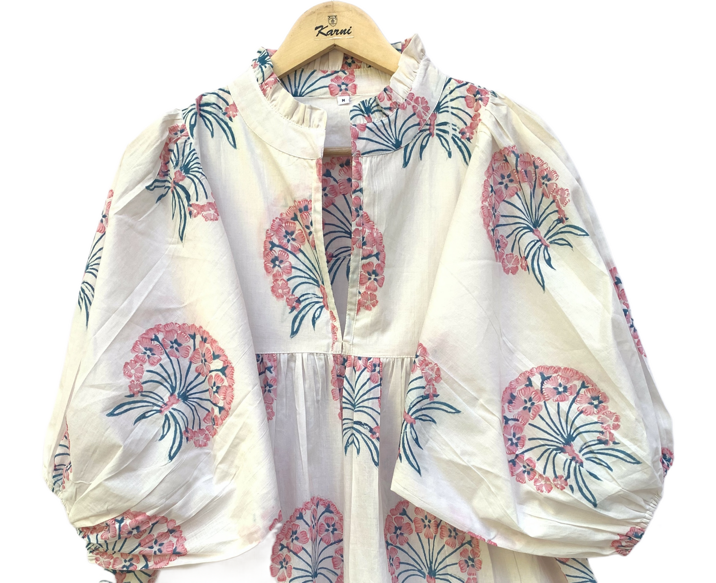 Ivory Pink Floral Block Print Cotton Midi Dress – Boho Handmade Tiered Dress with Puff Sleeves