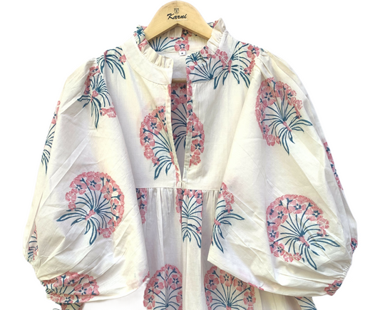 Ivory Pink Floral Block Print Cotton Midi Dress – Boho Handmade Tiered Dress with Puff Sleeves