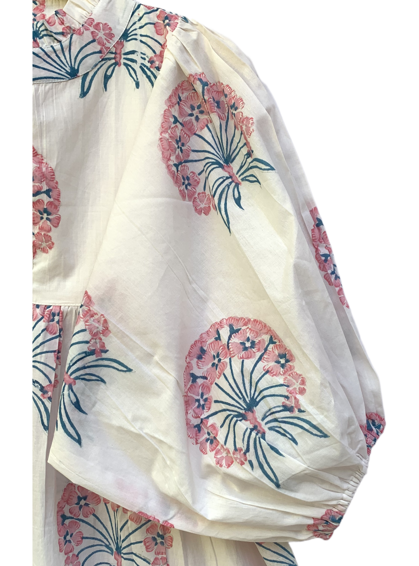 Ivory Pink Floral Block Print Cotton Midi Dress – Boho Handmade Tiered Dress with Puff Sleeves