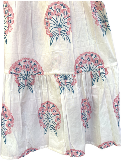 Ivory Pink Floral Block Print Cotton Midi Dress – Boho Handmade Tiered Dress with Puff Sleeves