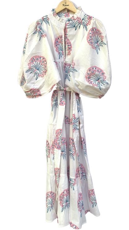 Ivory Pink Floral Block Print Cotton Midi Dress – Boho Handmade Tiered Dress with Puff Sleeves