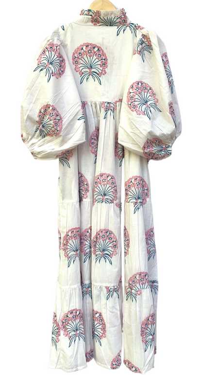 Ivory Pink Floral Block Print Cotton Midi Dress – Boho Handmade Tiered Dress with Puff Sleeves