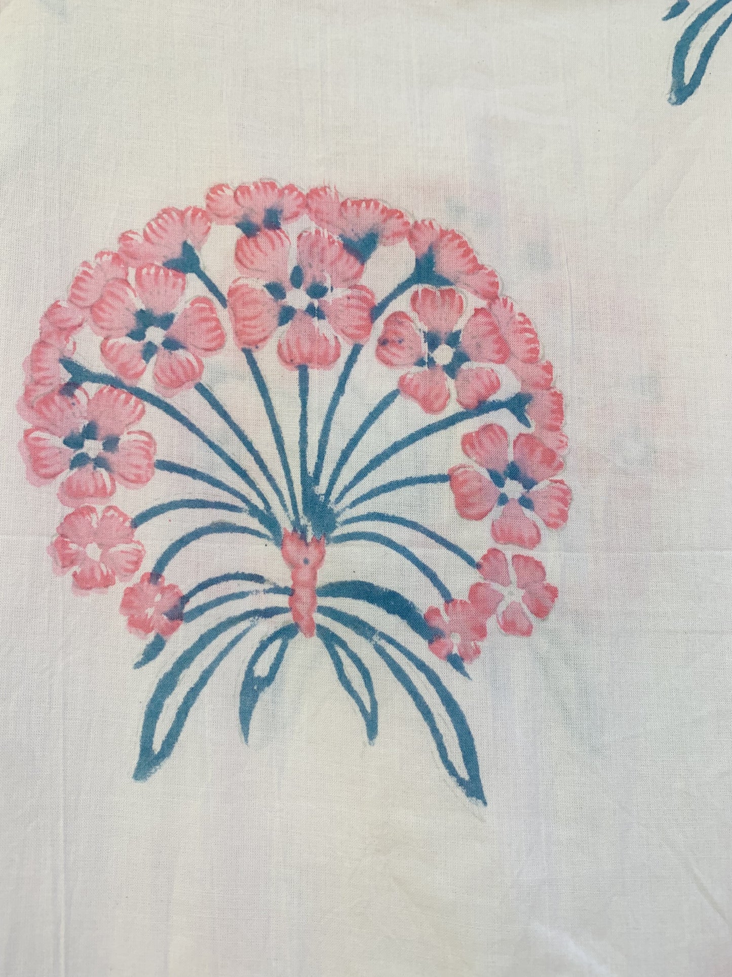 Ivory Pink Floral Block Print Cotton Midi Dress – Boho Handmade Tiered Dress with Puff Sleeves