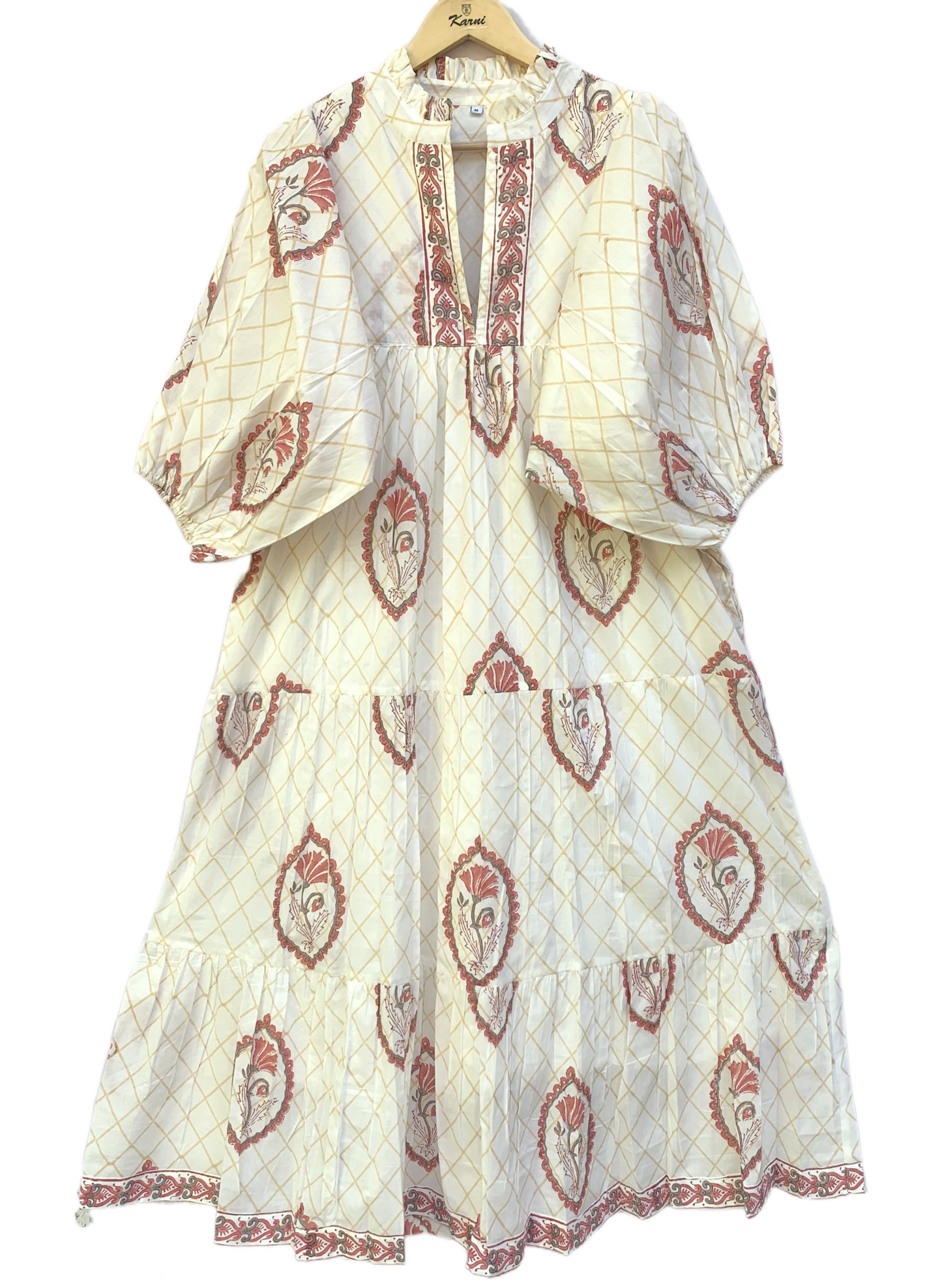 Ivory Red Floral Block Print Cotton Midi Dress – Boho Handmade Tiered Dress with Puff Sleeves & Contrast Yoke