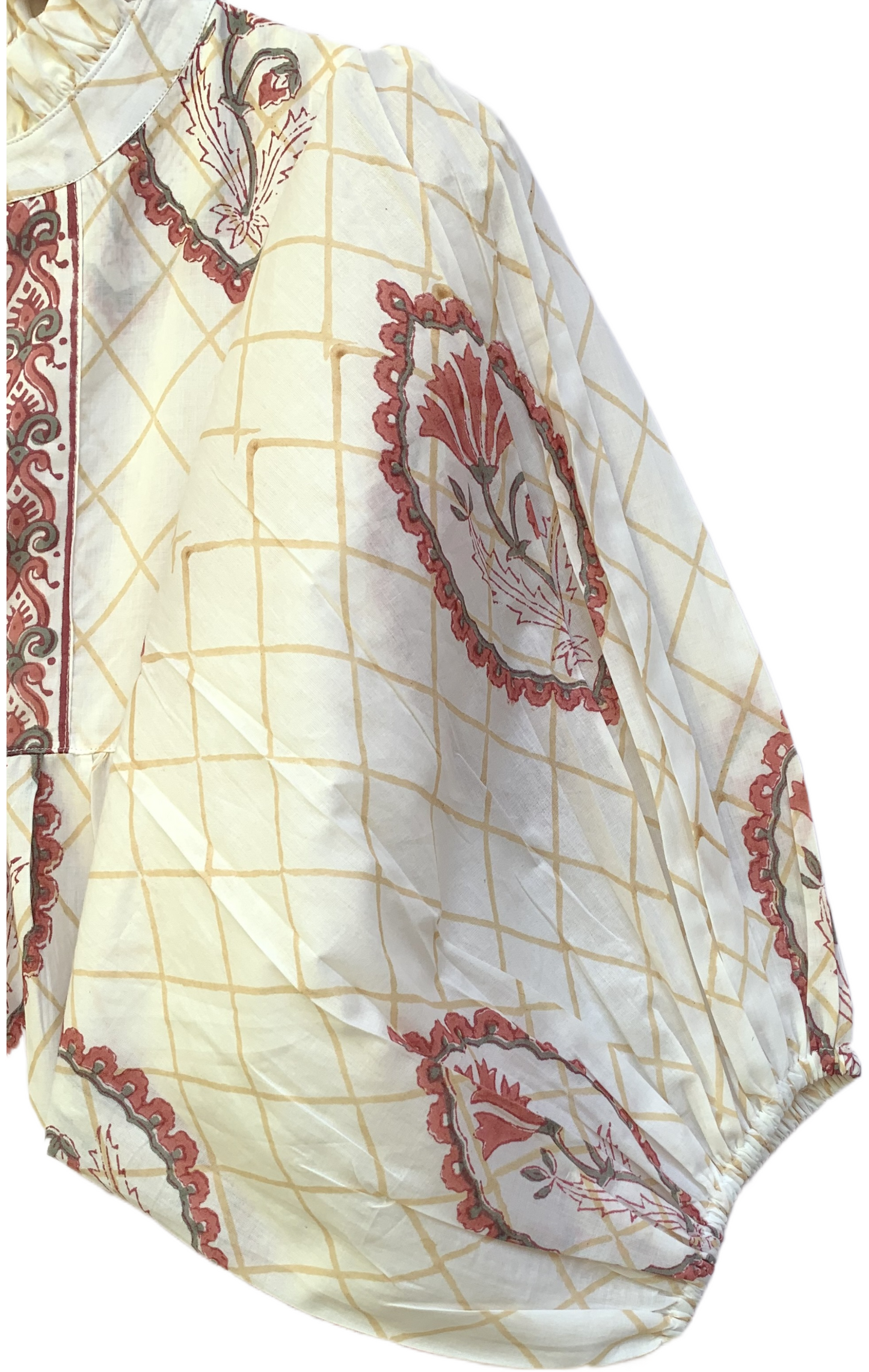 Ivory Red Floral Block Print Cotton Midi Dress – Boho Handmade Tiered Dress with Puff Sleeves & Contrast Yoke