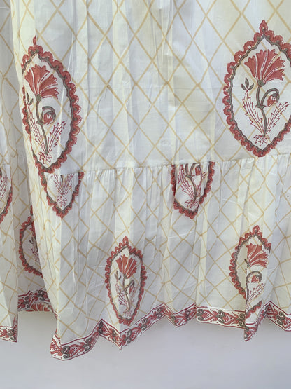 Ivory Red Floral Block Print Cotton Midi Dress – Boho Handmade Tiered Dress with Puff Sleeves & Contrast Yoke