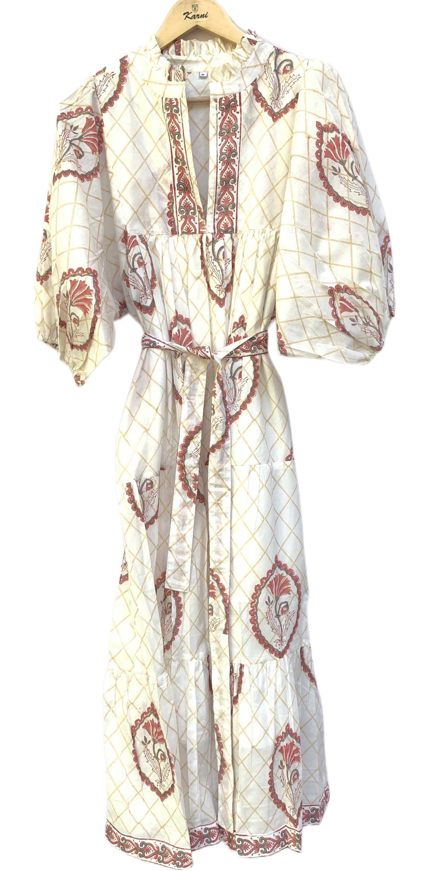 Ivory Red Floral Block Print Cotton Midi Dress – Boho Handmade Tiered Dress with Puff Sleeves & Contrast Yoke