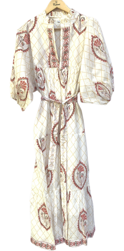 Ivory Red Floral Block Print Cotton Midi Dress – Boho Handmade Tiered Dress with Puff Sleeves & Contrast Yoke