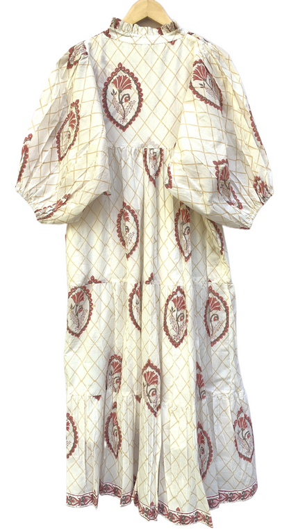 Ivory Red Floral Block Print Cotton Midi Dress – Boho Handmade Tiered Dress with Puff Sleeves & Contrast Yoke