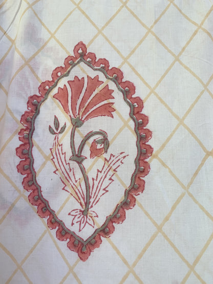 Ivory Red Floral Block Print Cotton Midi Dress – Boho Handmade Tiered Dress with Puff Sleeves & Contrast Yoke