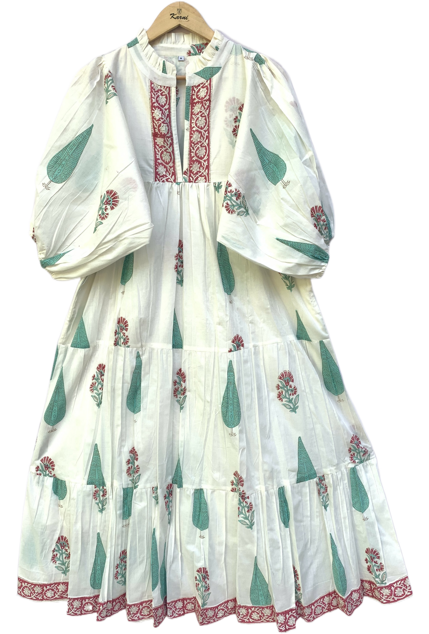 Ivory Green Floral Block Print Cotton Midi Dress – Boho Handmade Tiered Dress with Puff Sleeves & Contrast Red Yoke
