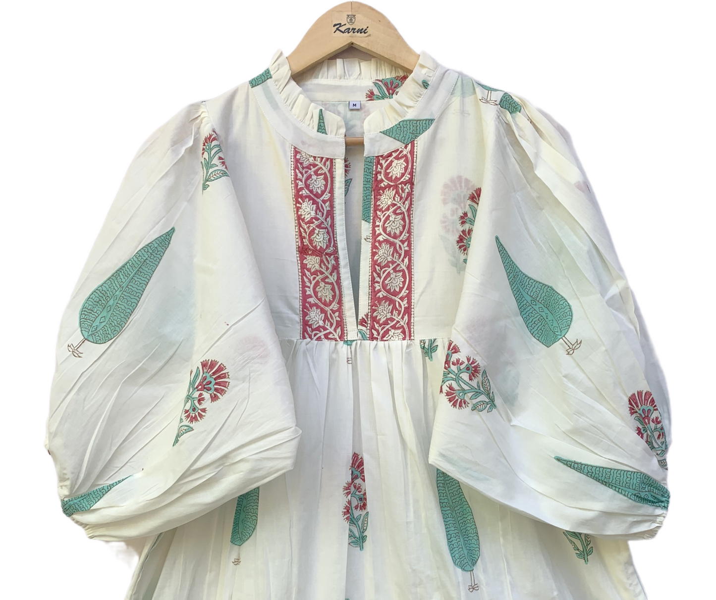 Ivory Green Floral Block Print Cotton Midi Dress – Boho Handmade Tiered Dress with Puff Sleeves & Contrast Red Yoke