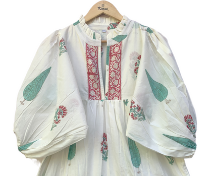 Ivory Green Floral Block Print Cotton Midi Dress – Boho Handmade Tiered Dress with Puff Sleeves & Contrast Red Yoke