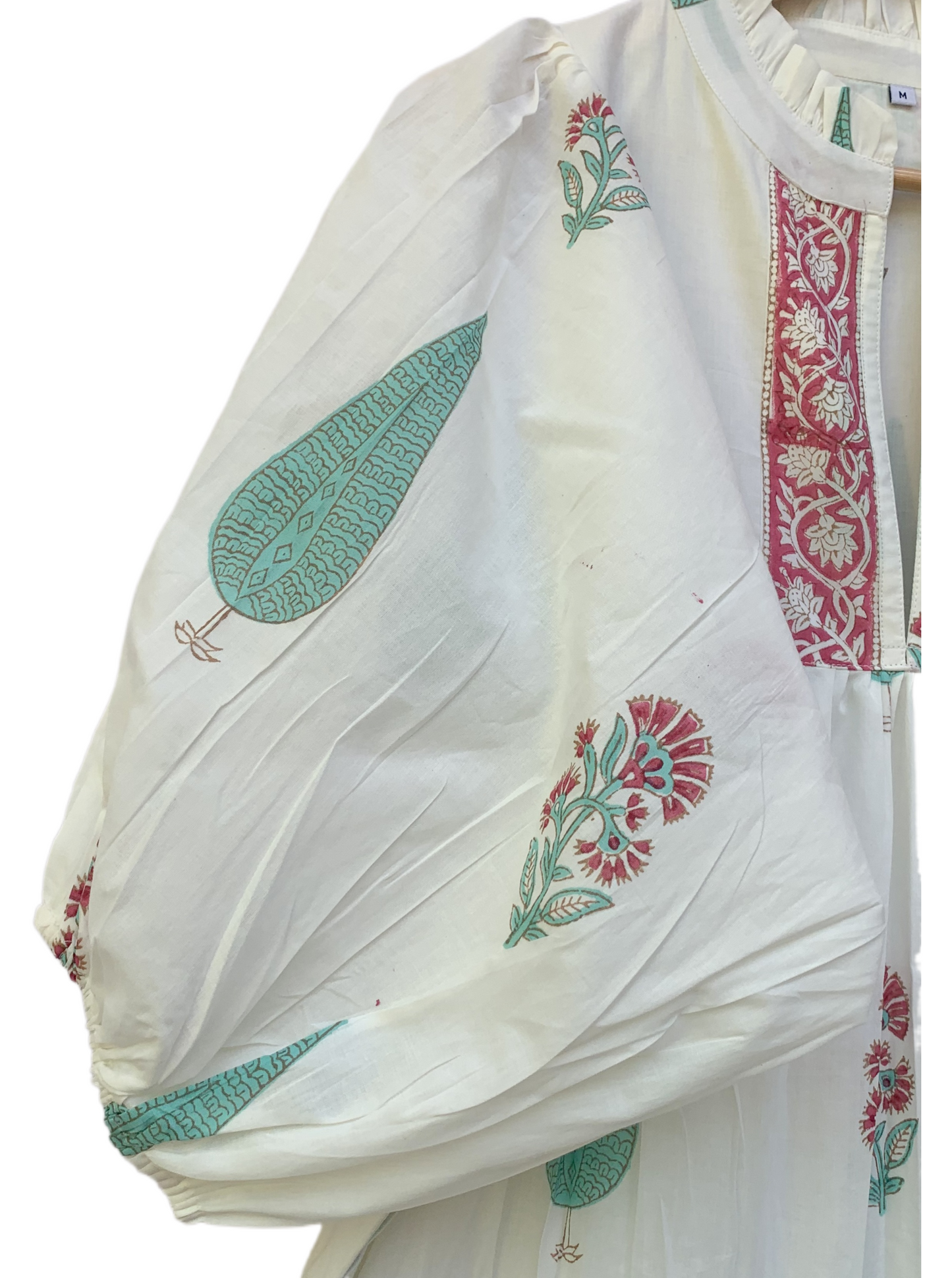 Ivory Green Floral Block Print Cotton Midi Dress – Boho Handmade Tiered Dress with Puff Sleeves & Contrast Red Yoke