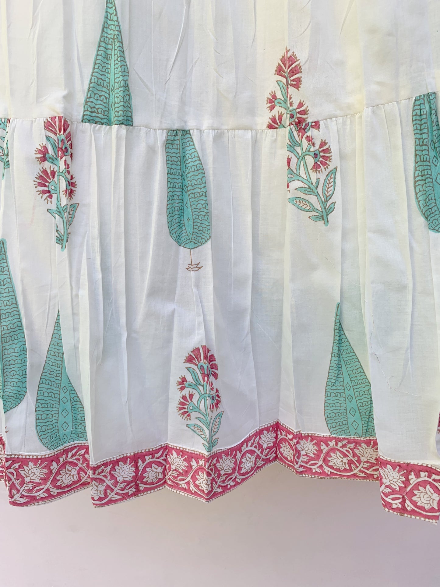 Ivory Green Floral Block Print Cotton Midi Dress – Boho Handmade Tiered Dress with Puff Sleeves & Contrast Red Yoke