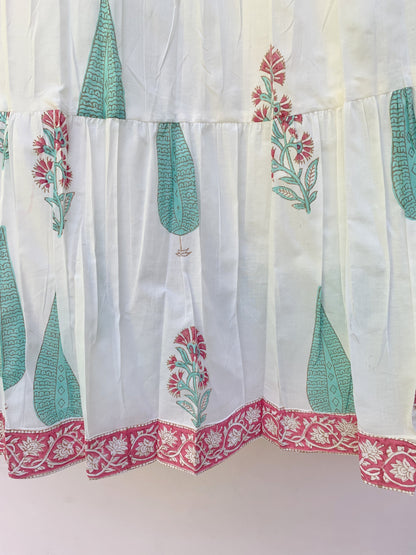 Ivory Green Floral Block Print Cotton Midi Dress – Boho Handmade Tiered Dress with Puff Sleeves & Contrast Red Yoke