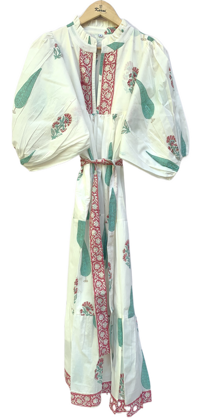 Ivory Green Floral Block Print Cotton Midi Dress – Boho Handmade Tiered Dress with Puff Sleeves & Contrast Red Yoke