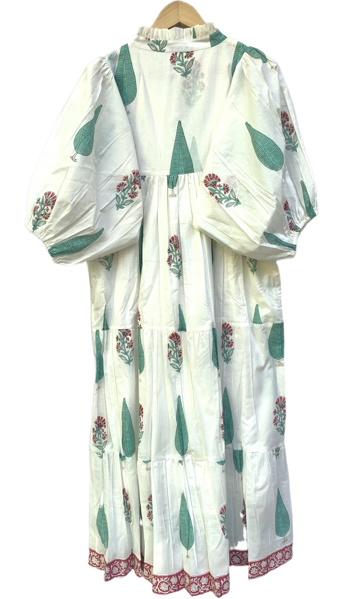 Ivory Green Floral Block Print Cotton Midi Dress – Boho Handmade Tiered Dress with Puff Sleeves & Contrast Red Yoke