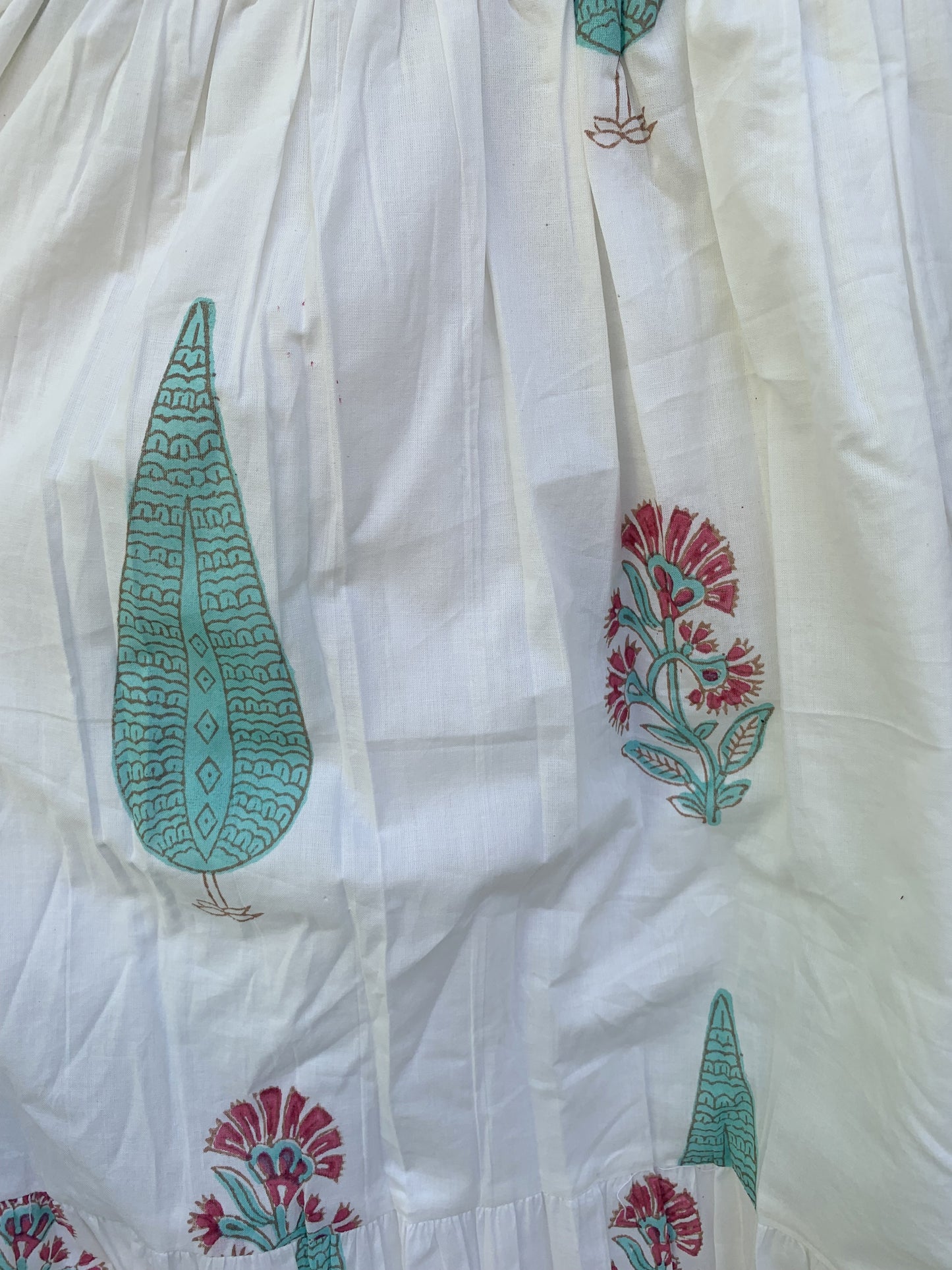 Ivory Green Floral Block Print Cotton Midi Dress – Boho Handmade Tiered Dress with Puff Sleeves & Contrast Red Yoke