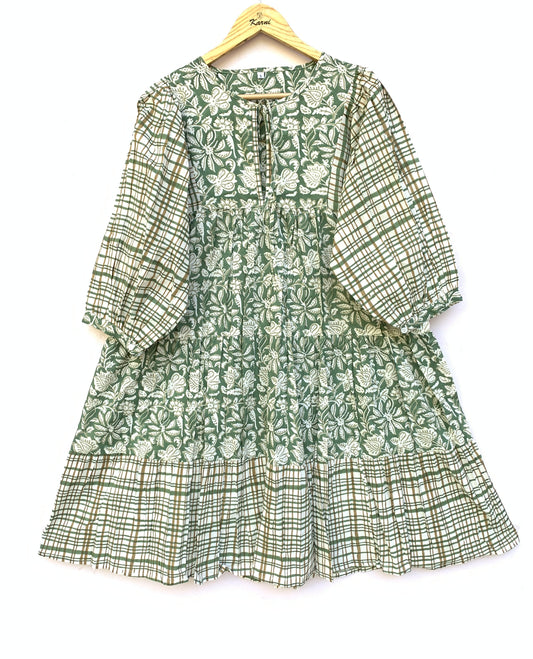 green and white floral mini womens dress with checkered sleeves